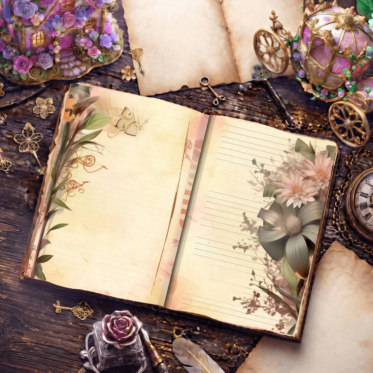 Lined Flower Digital Papers