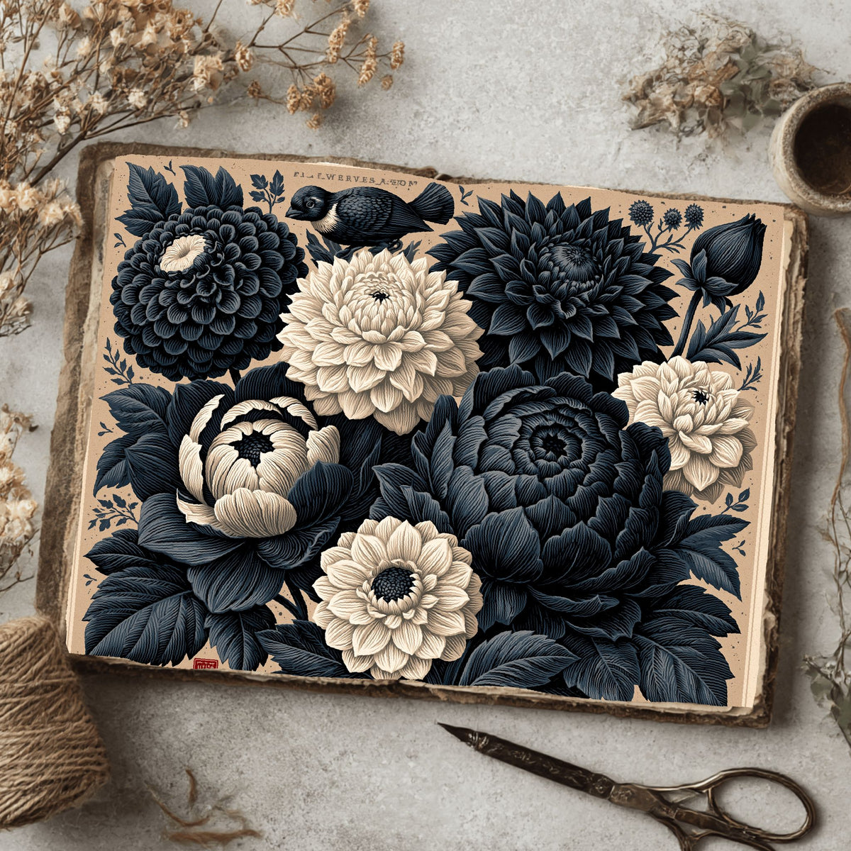 Vintage Black Ink Floral Illustration