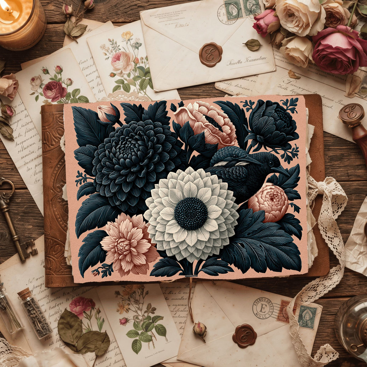 Vintage Black Ink Floral Illustration
