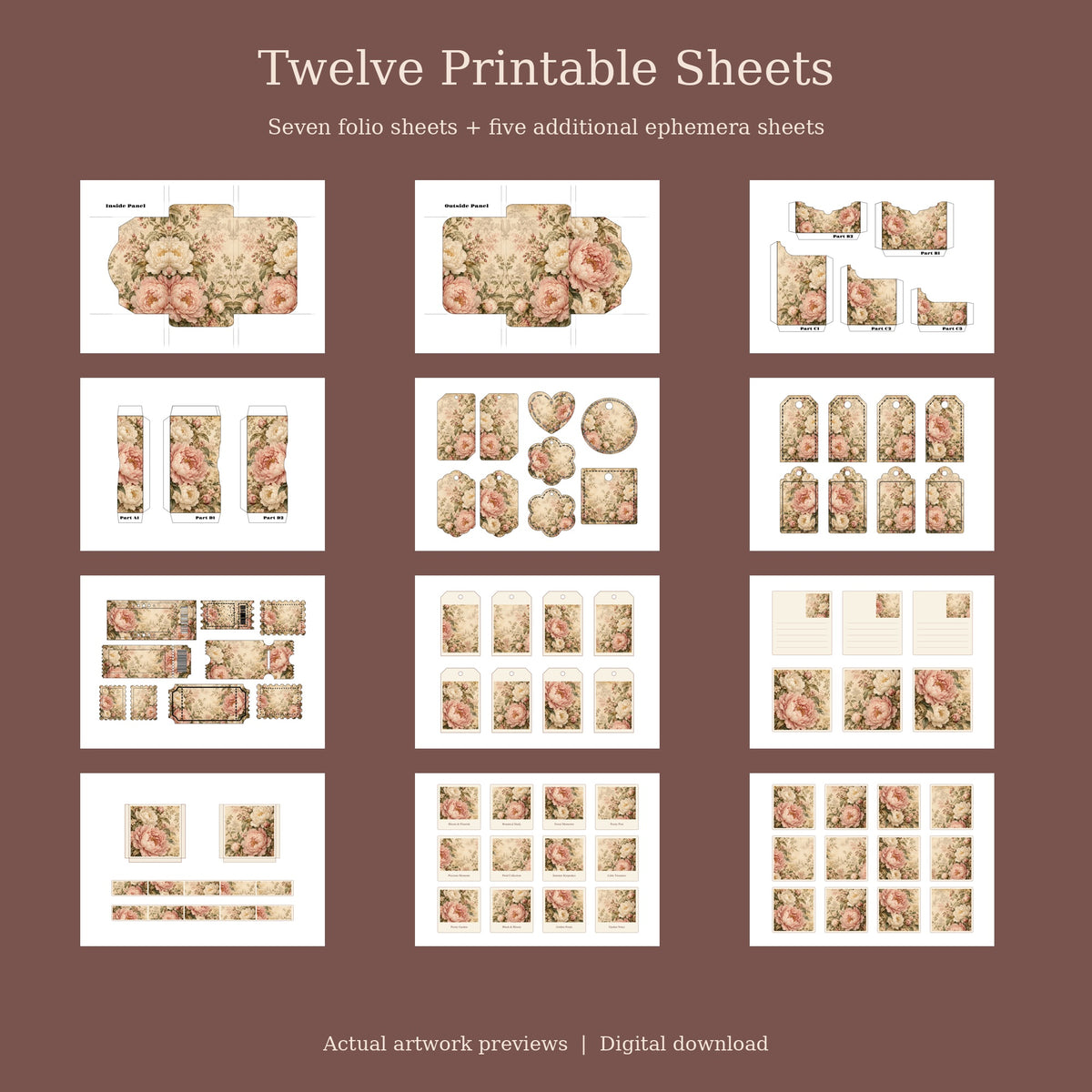 Blush Peony & Gold Leaf - Printable Folio Kit, 12 Sheets, A4 & US Letter PDF