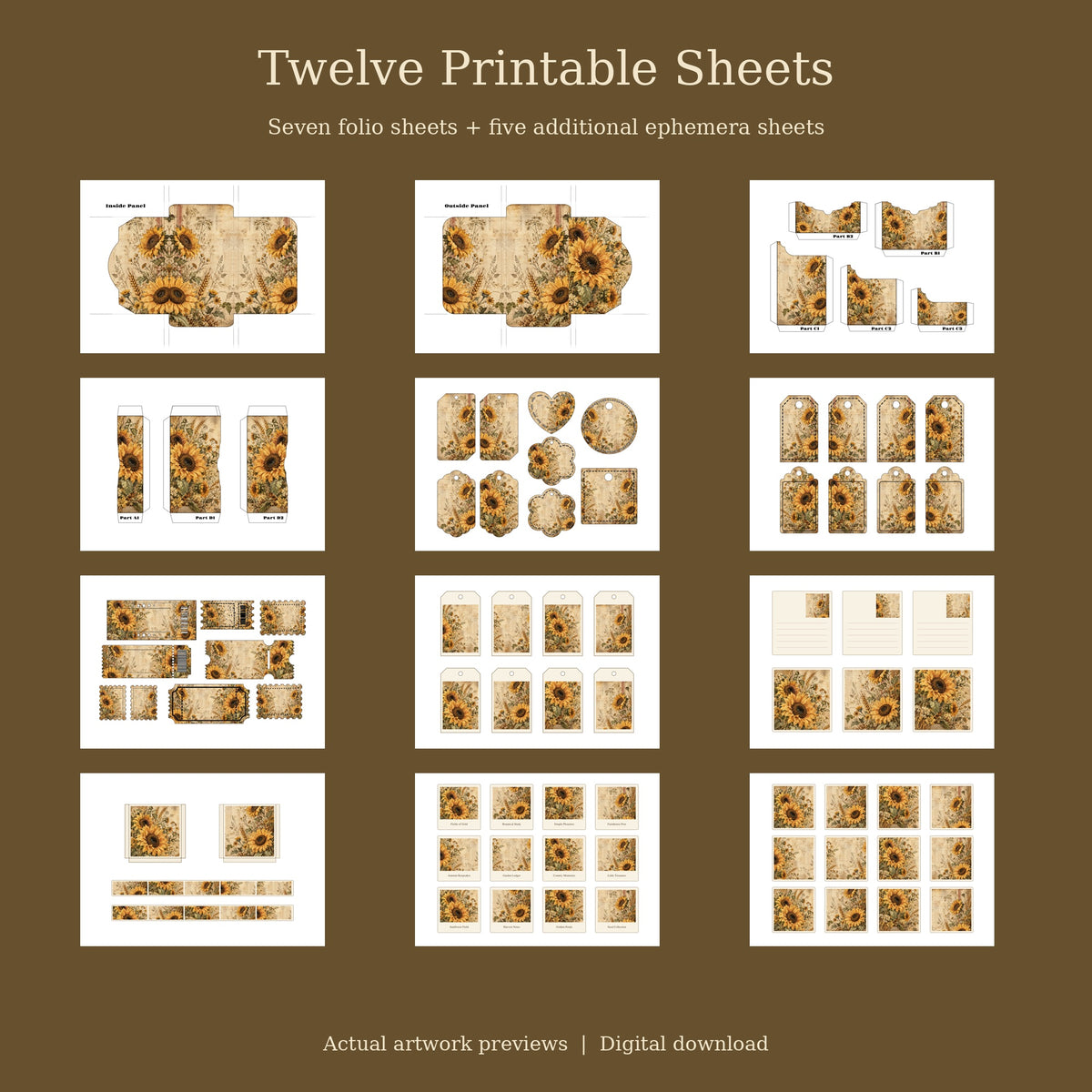 Rustic Sunflower & Burlap - Printable Folio Kit, 12 Sheets, A4 & US Letter PDF