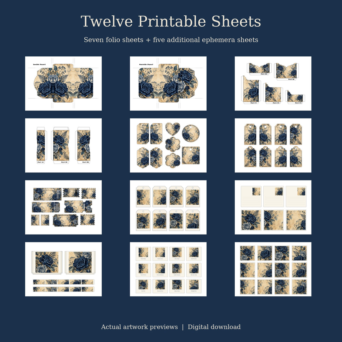 Midnight Indigo Rose - Printable Folio Kit, 12 Sheets, A4 & US Letter PDF