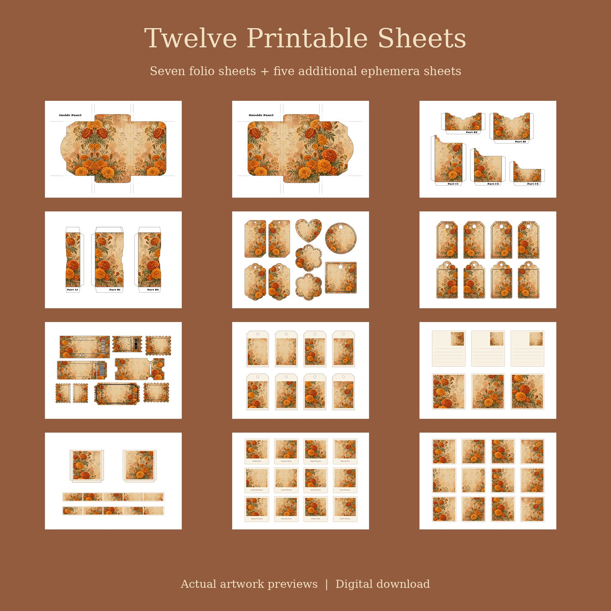 Golden Marigold & Terracotta - Printable Folio Kit, 12 Sheets, A4 & US Letter PDF