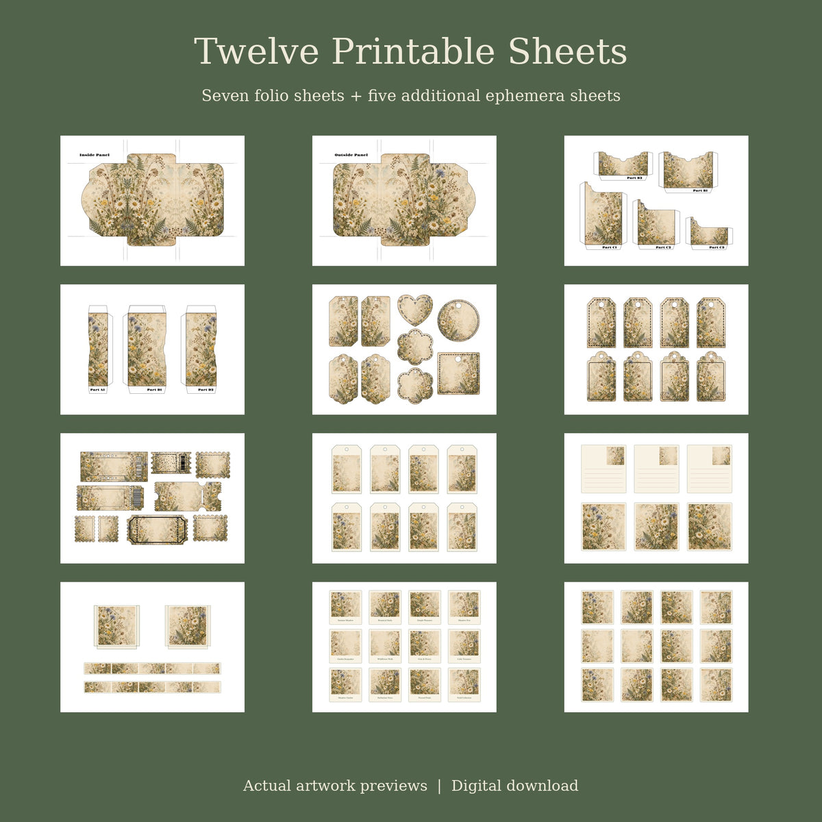 Pressed Meadow Wildflowers - Printable Folio Kit, 12 Sheets, A4 & US Letter PDF