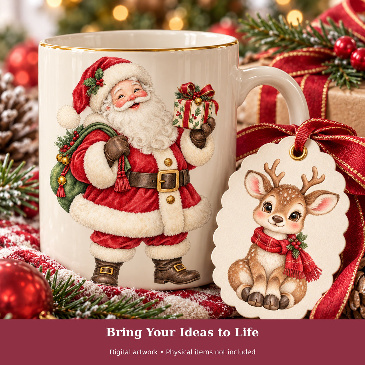 Cute Christmas Watercolor PNG Clipart, 12 Transparent Designs for Cards, Stickers, Scrapbooking and Sublimation