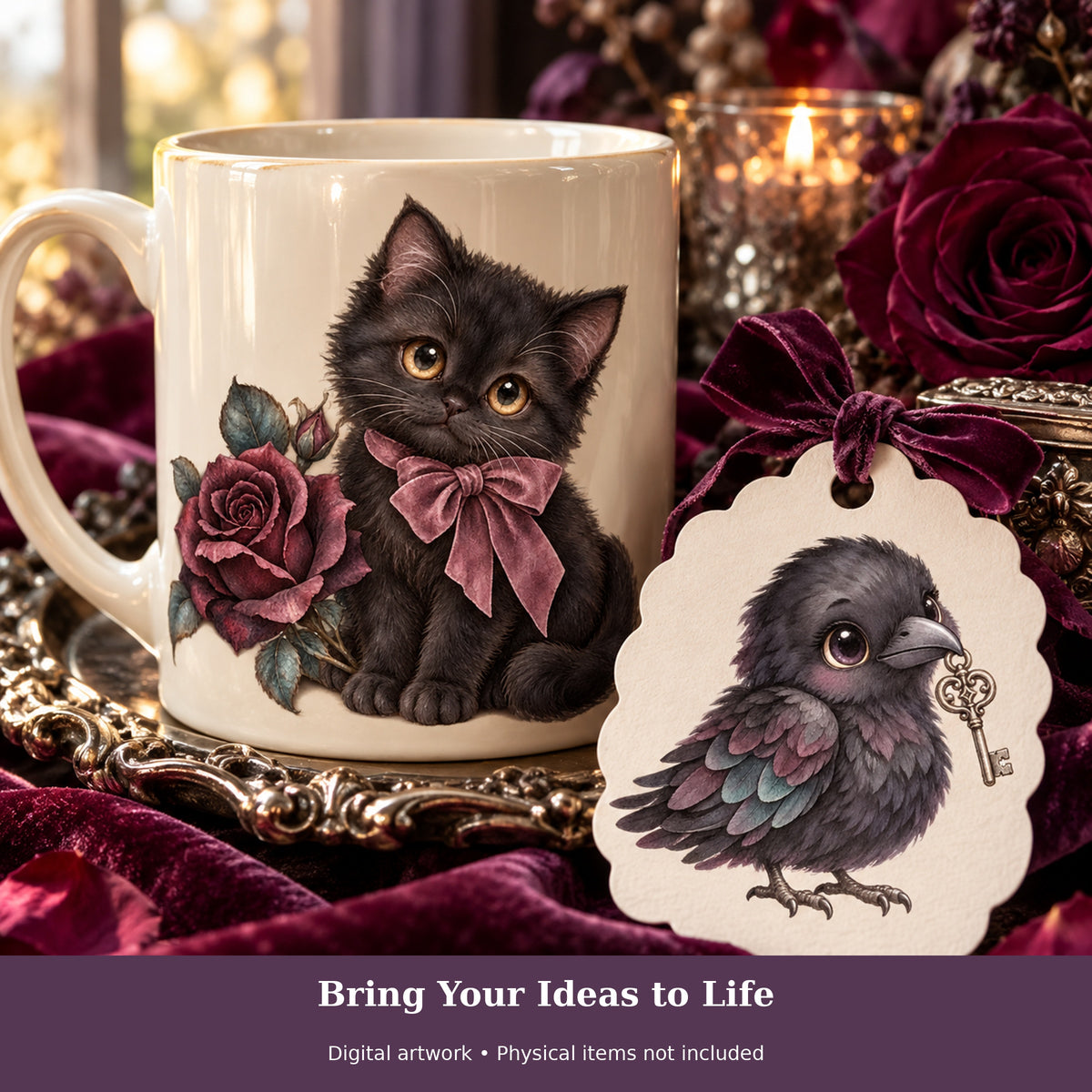 Cute Gothic Watercolor PNG Clipart, 12 Transparent Designs for Cards, Stickers, Scrapbooking and Sublimation