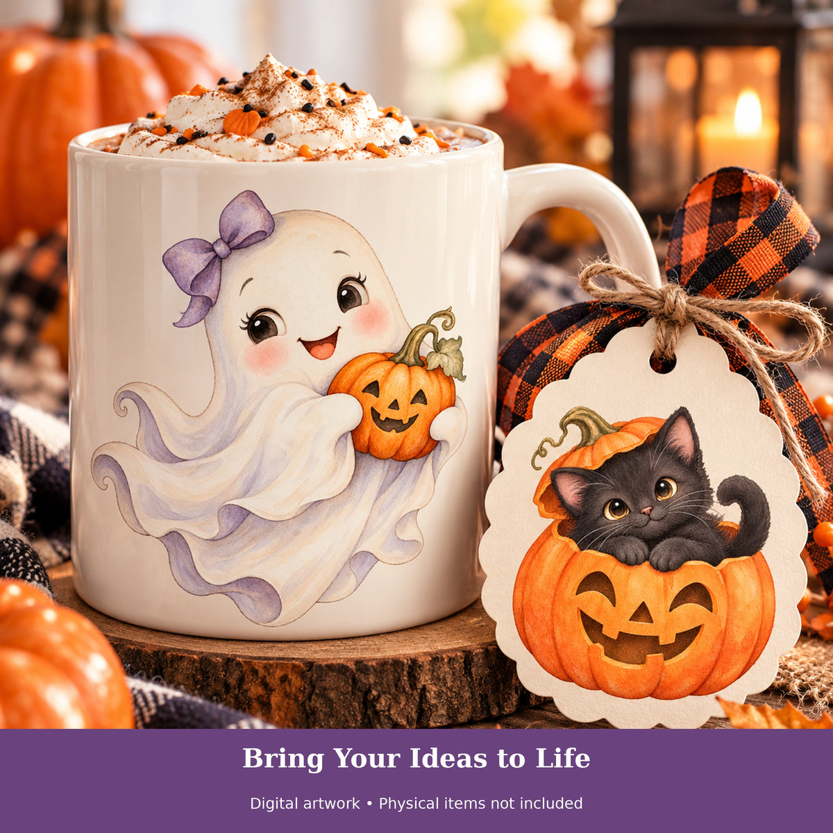 Cute Halloween Watercolor PNG Clipart, 12 Transparent Designs for Cards, Stickers, Scrapbooking and Sublimation