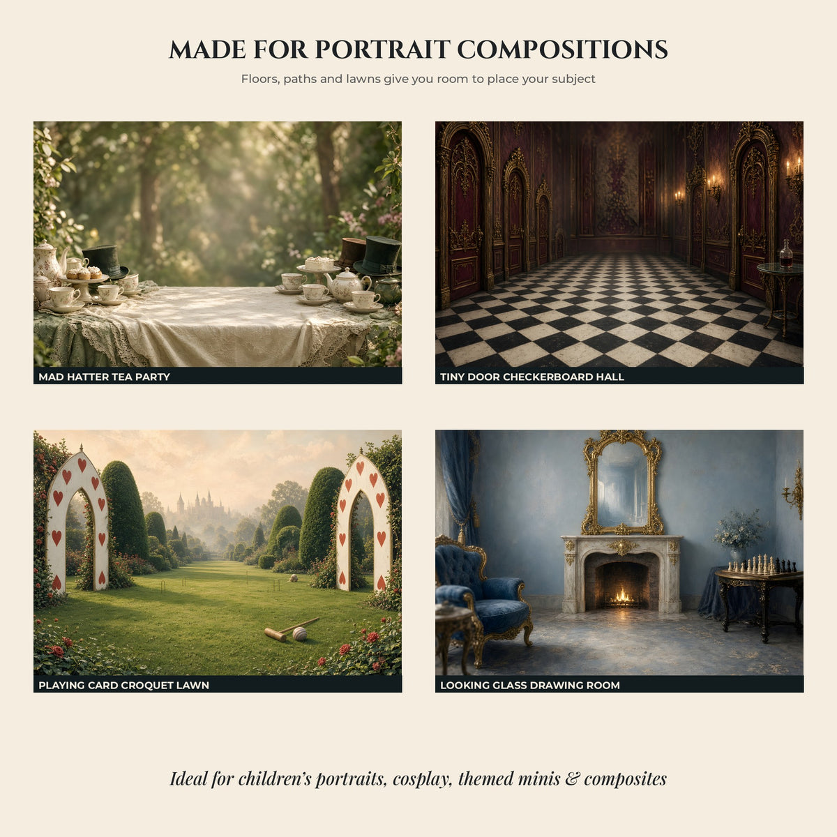 Four Wonderland backdrops composed for portrait photography