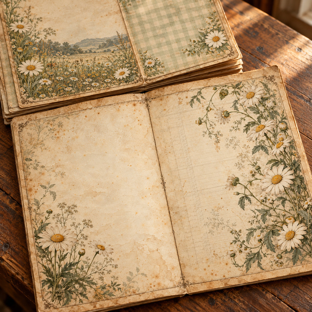 Vintage Daisy Junk Journal Kit - 15 Double-Page Spreads + 6 Ephemera Sheets