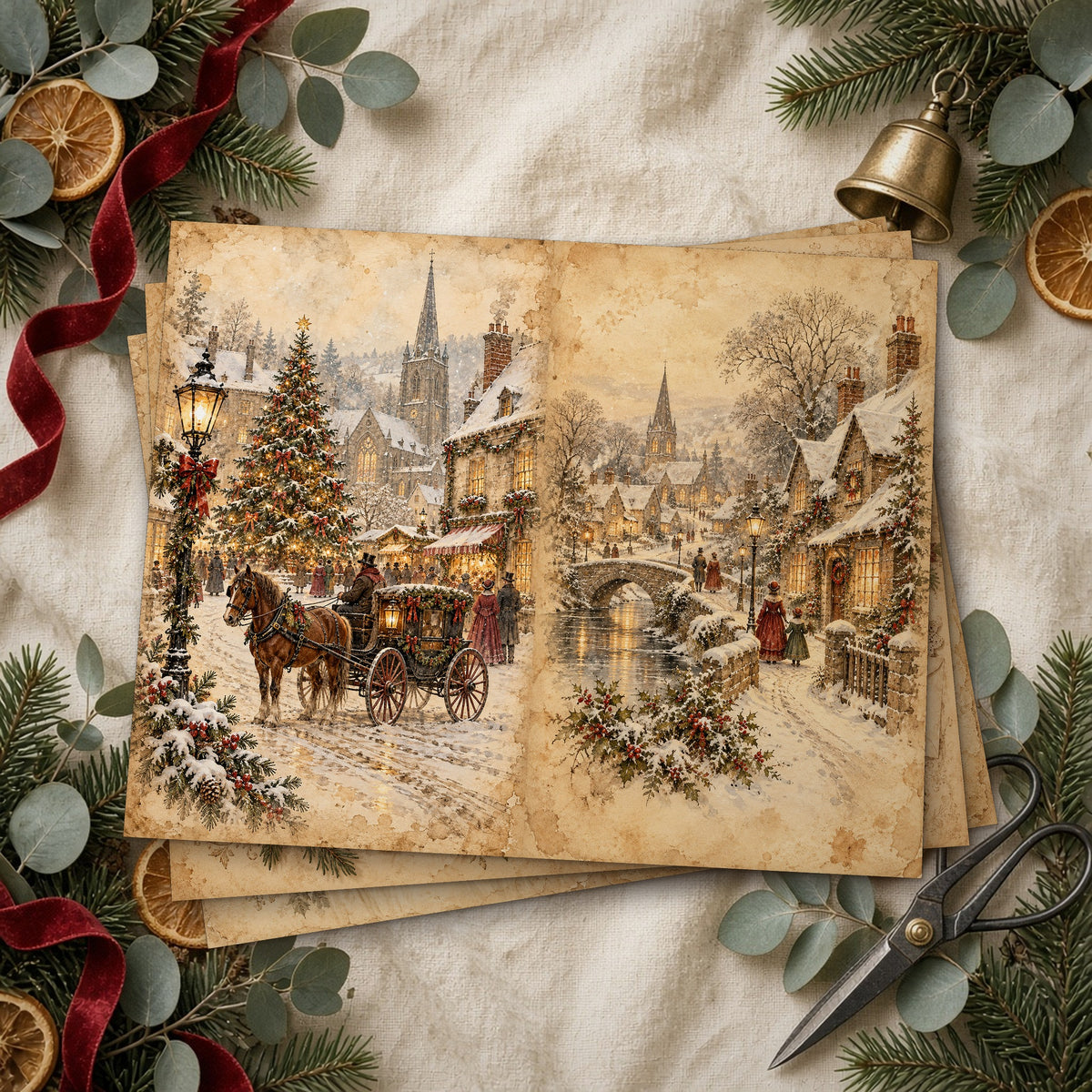 Stack of printed vintage Christmas junk journal pages on linen