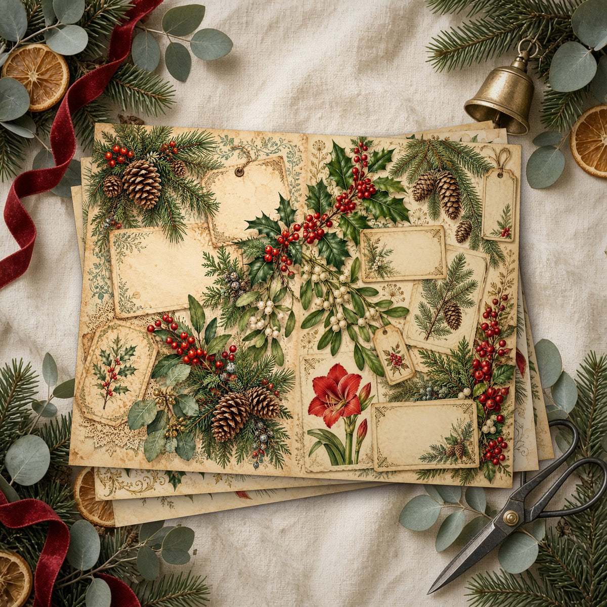Stack of printed Christmas Botanicals junk journal pages on linen