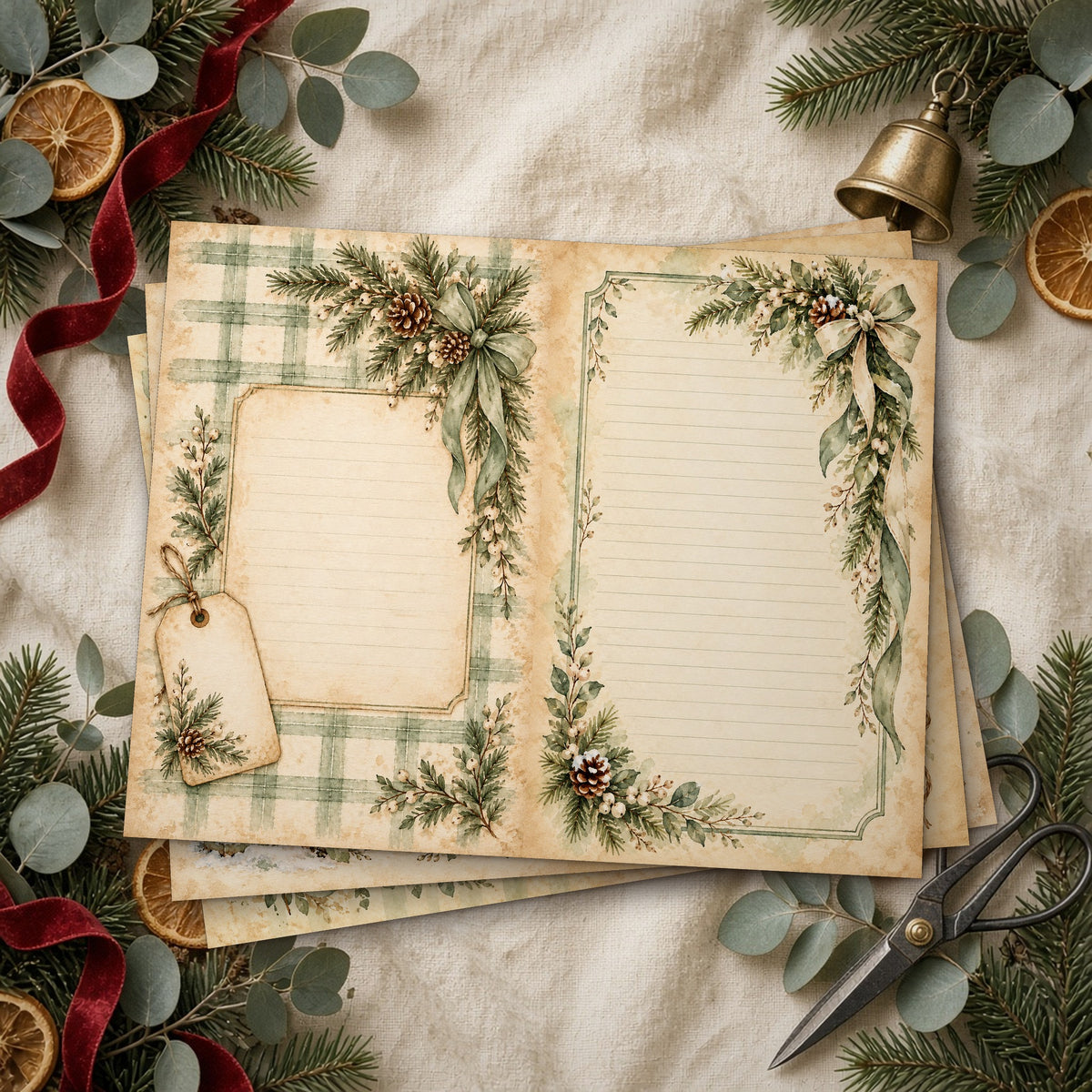 Stack of printed Sage & Cream Rustic Watercolour Christmas junk journal pages on linen