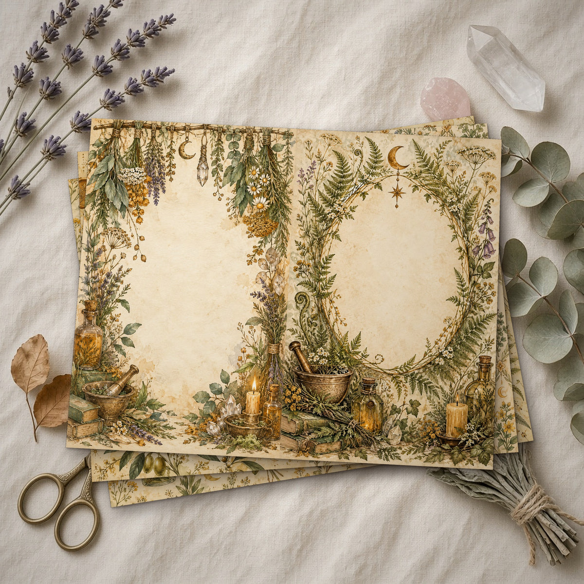 Stack of printed Apothecary Herbal Witch junk journal pages on linen