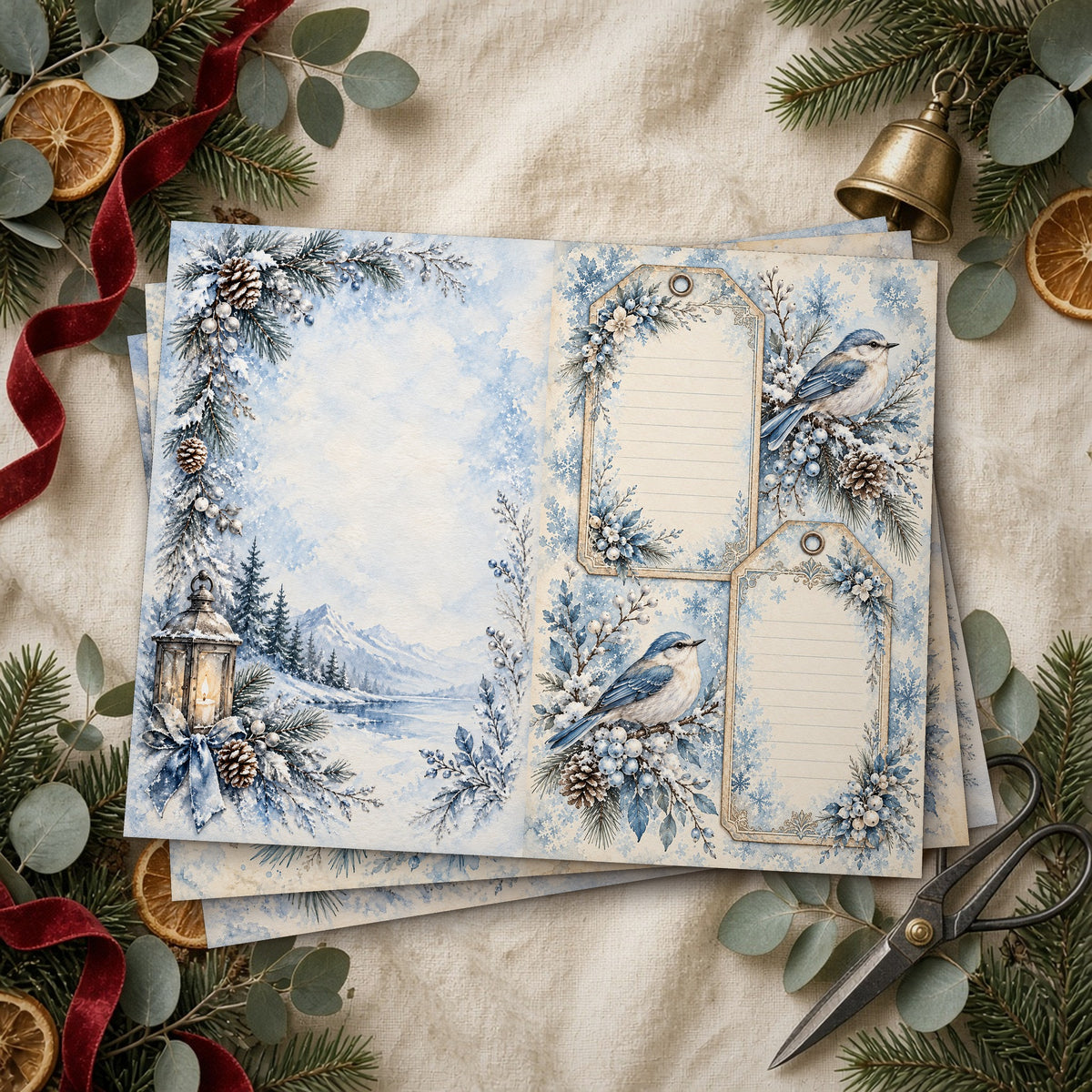 Stack of printed Frosted Blue & Silver Watercolour Christmas junk journal pages on linen