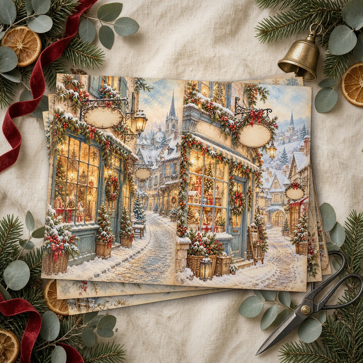 Stack of printed Snowy Village junk journal pages on linen