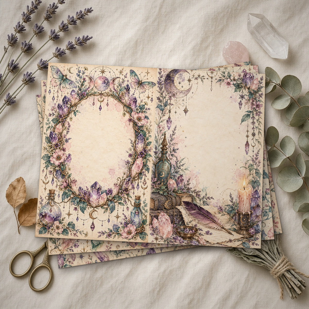 Stack of printed Crystal Grimoire Witch junk journal pages on linen