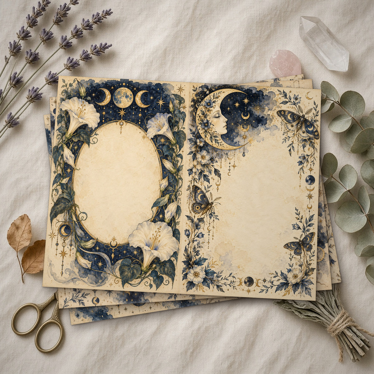 Stack of printed Celestial Moon Witch junk journal pages on linen