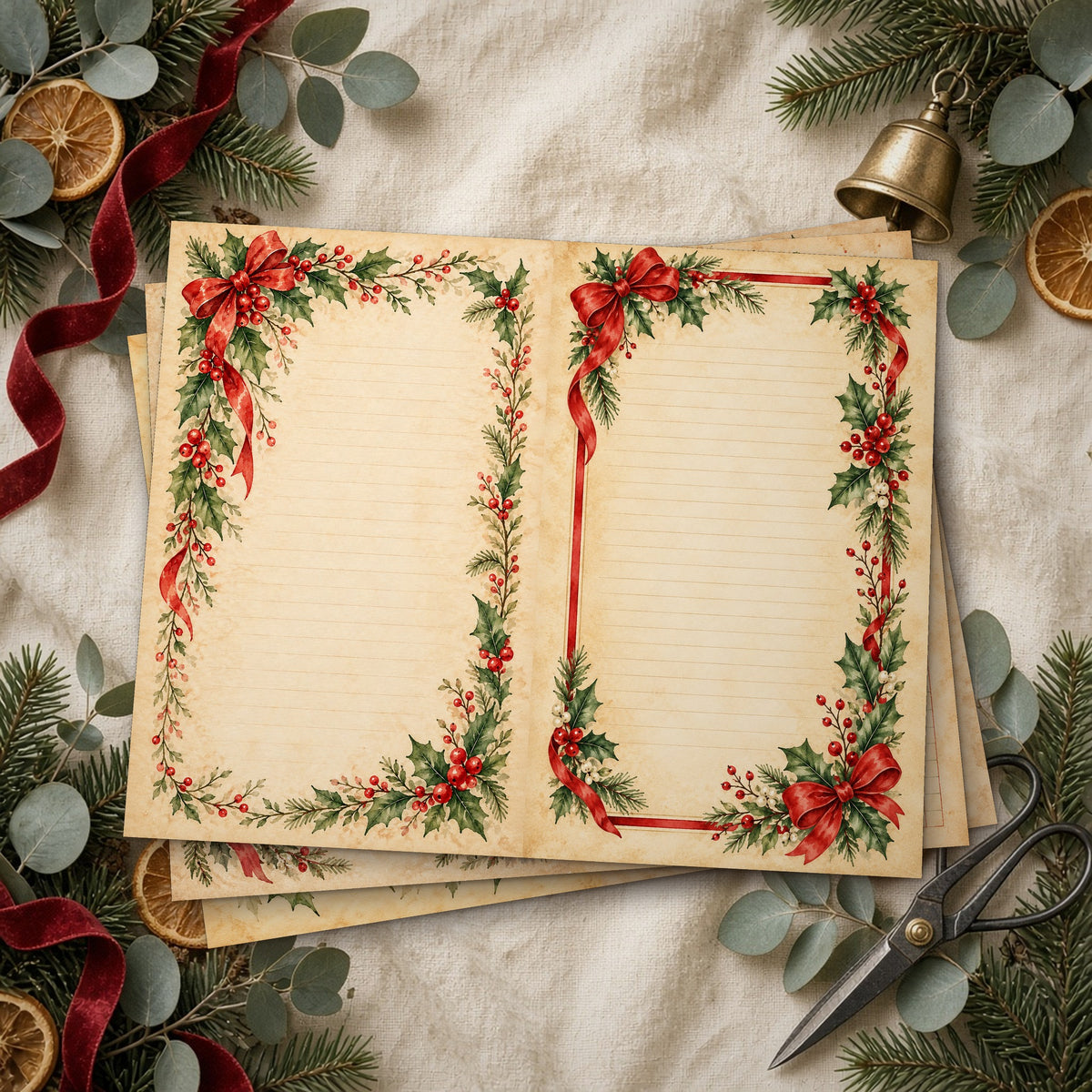 Stack of printed Red & Green Cottage Watercolour Christmas junk journal pages on linen