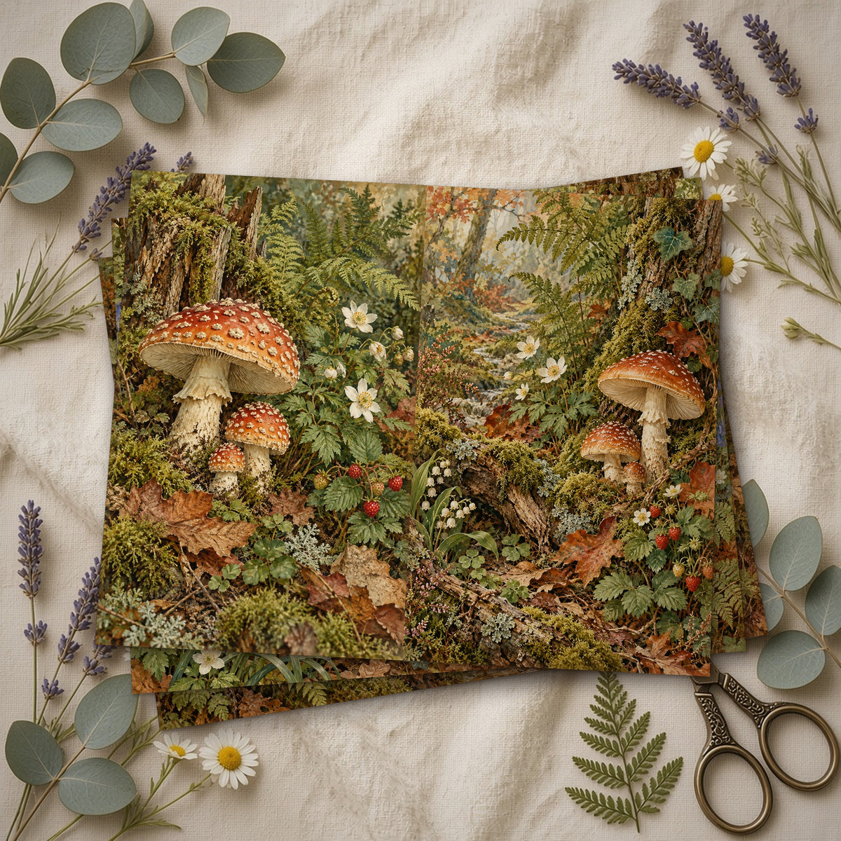 Stack of printed Woodland Mushroom Garden junk journal pages on linen with garden flowers