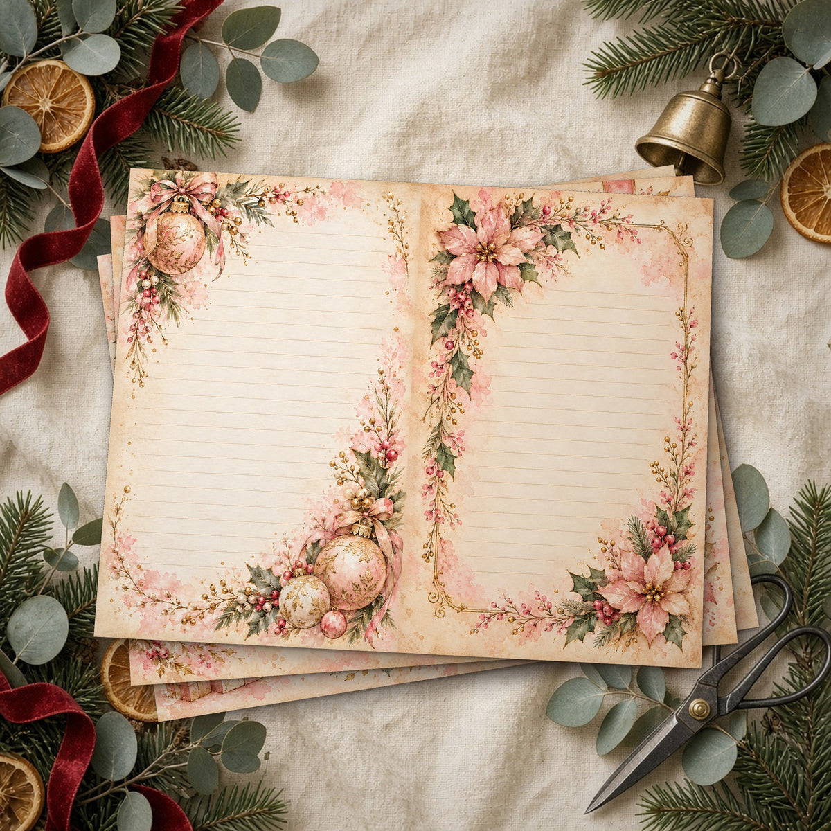 Stack of printed Blush & Gold Watercolour Christmas junk journal pages on linen