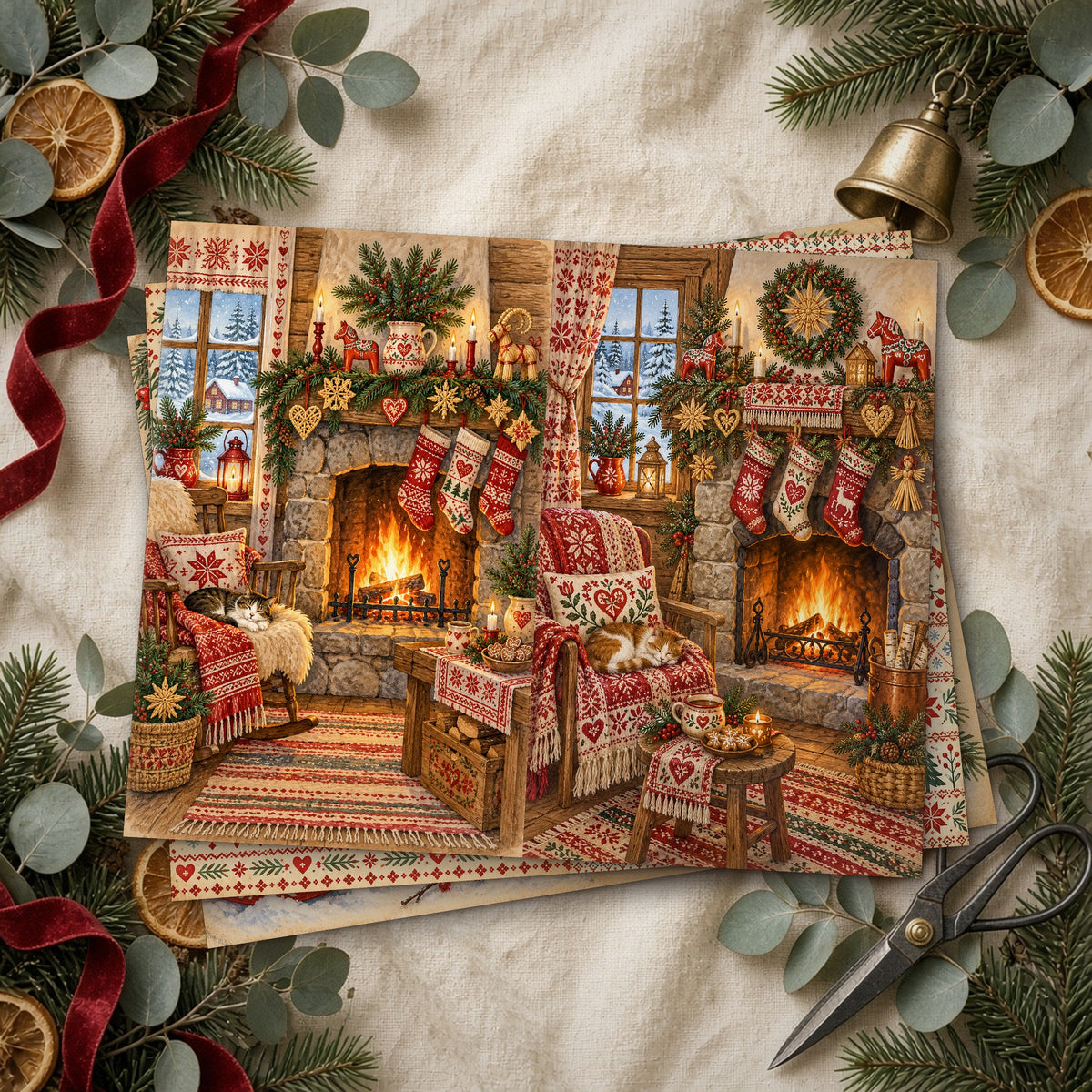 Stack of printed Nordic Folk Christmas junk journal pages on linen