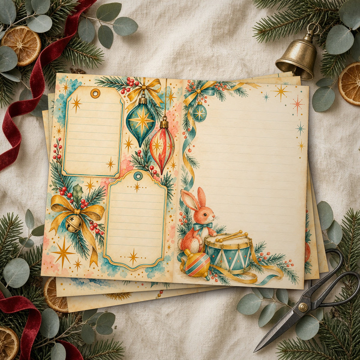 Stack of printed Retro Teal & Mustard Watercolour Christmas junk journal pages on linen