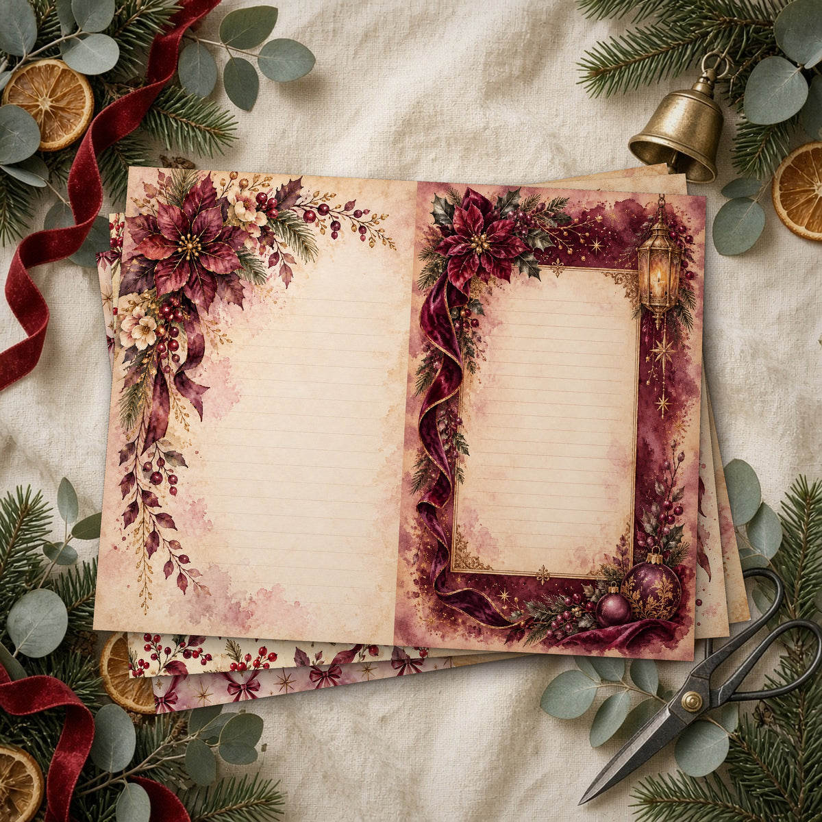 Stack of printed Plum & Burgundy Midnight Watercolour Christmas junk journal pages on linen