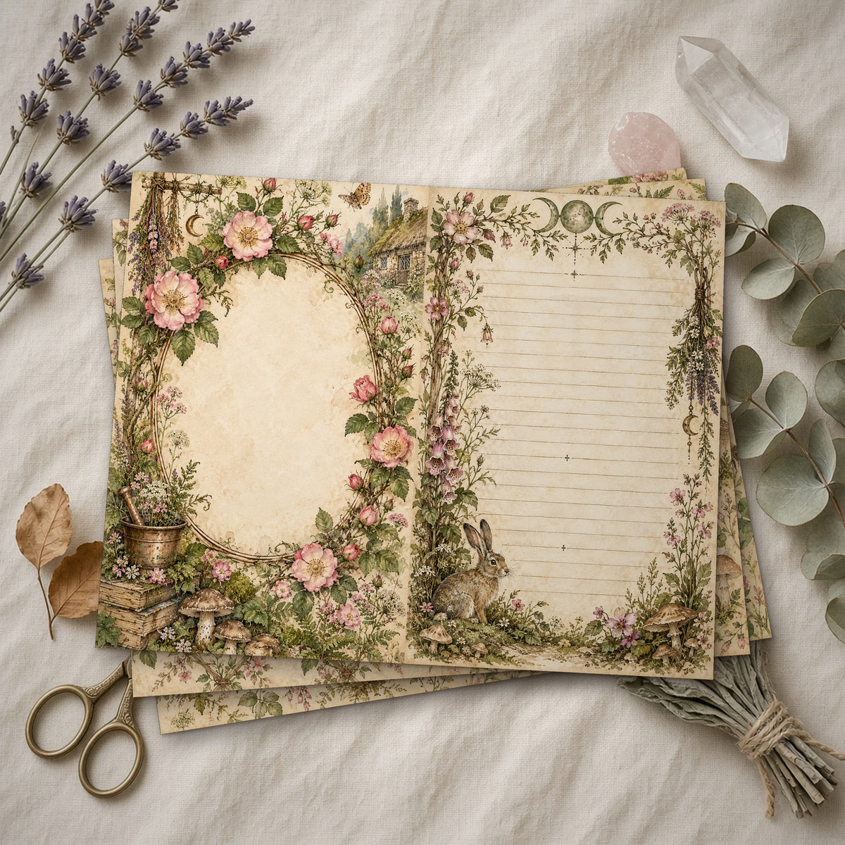 Stack of printed Cottage Hedge Witch junk journal pages on linen