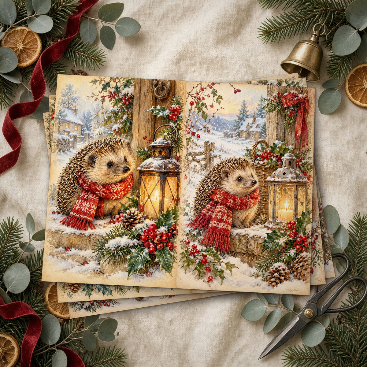 Stack of printed Woodland Animal Christmas junk journal pages on linen