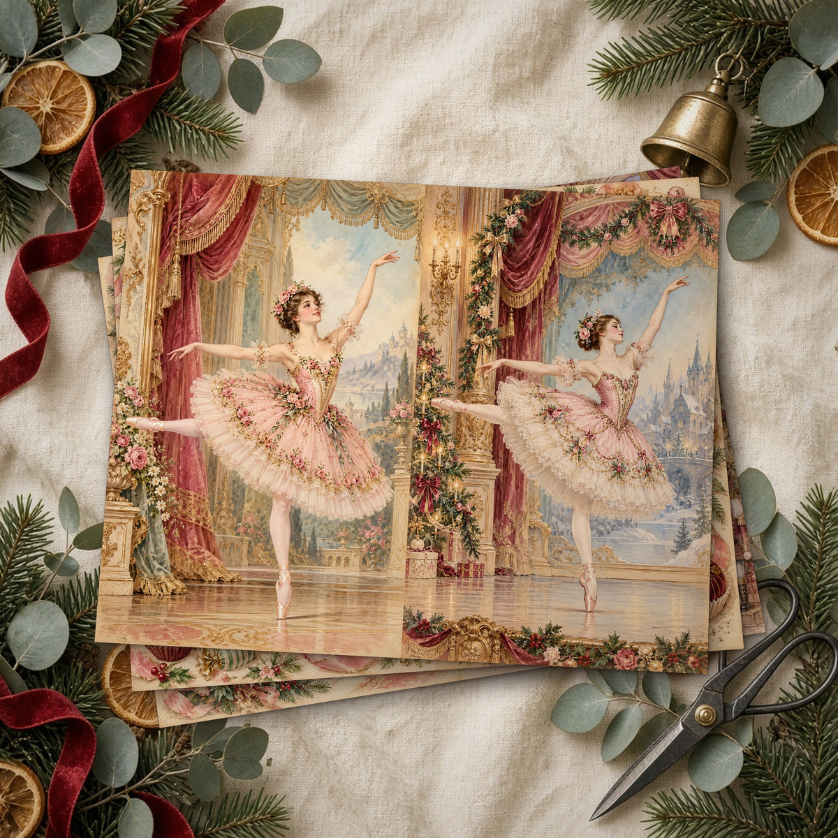 Stack of printed Nutcracker Ballet Christmas junk journal pages on linen