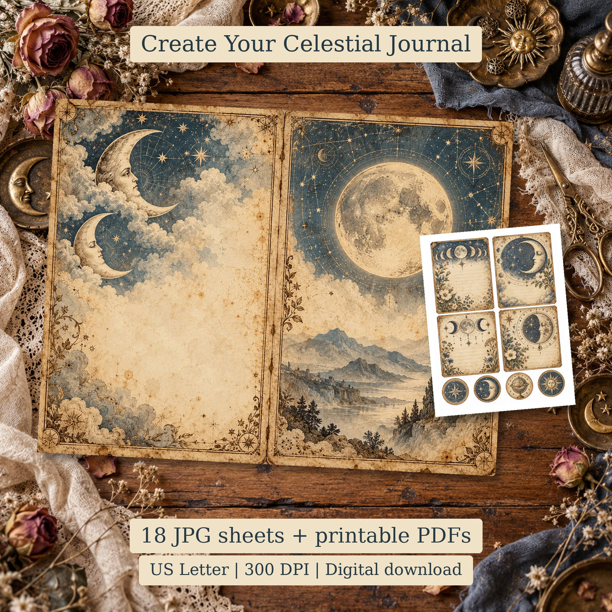 Faded Celestial Atlas Junk Journal Kit - 12 Double-Page Spreads + 6 Ephemera Sheets