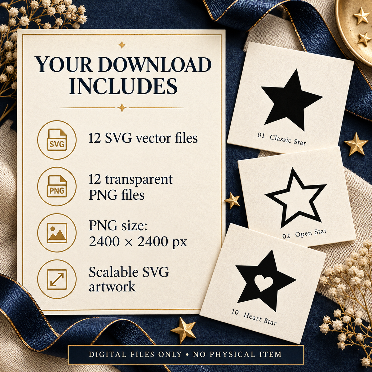 Star SVG Pack – 12 Star Designs with Transparent PNGs for Paper Crafts, Vinyl and Sublimation