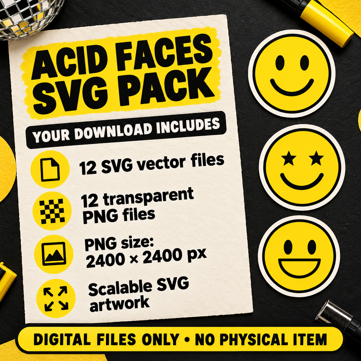 Acid Faces SVG Pack – 12 Yellow Smiley Designs with Transparent PNGs for Retro Rave Crafts and Sublimation