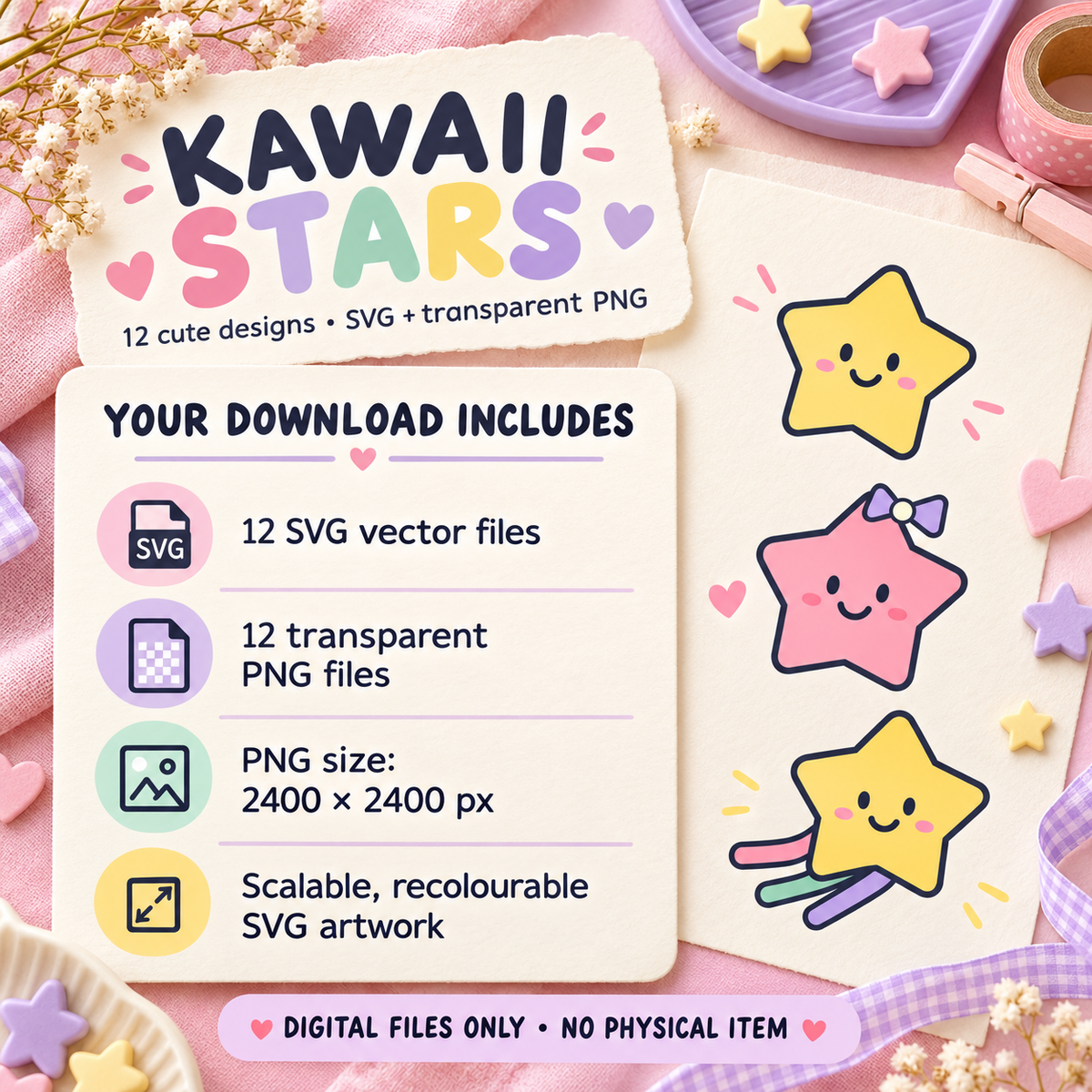 Kawaii Stars SVG Pack – 12 Cute Pastel Star Characters with Transparent PNGs for Crafts and Sublimation