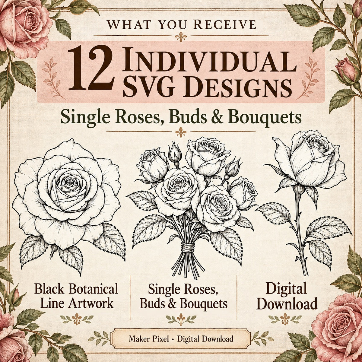 Botanical Roses SVG Pack – 12 Vintage Fine Art Line Drawings