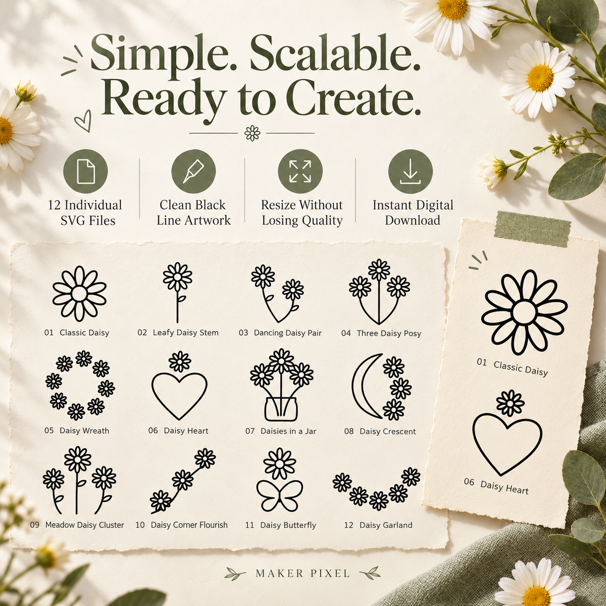 Daisy Doodles SVG Pack – 12 Simple Floral Line Art Designs