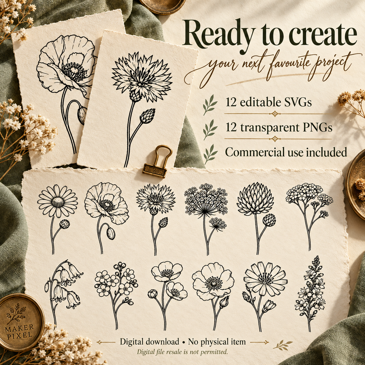 Vintage Wildflower SVG Set - 12 Fine Line Botanical Illustrations