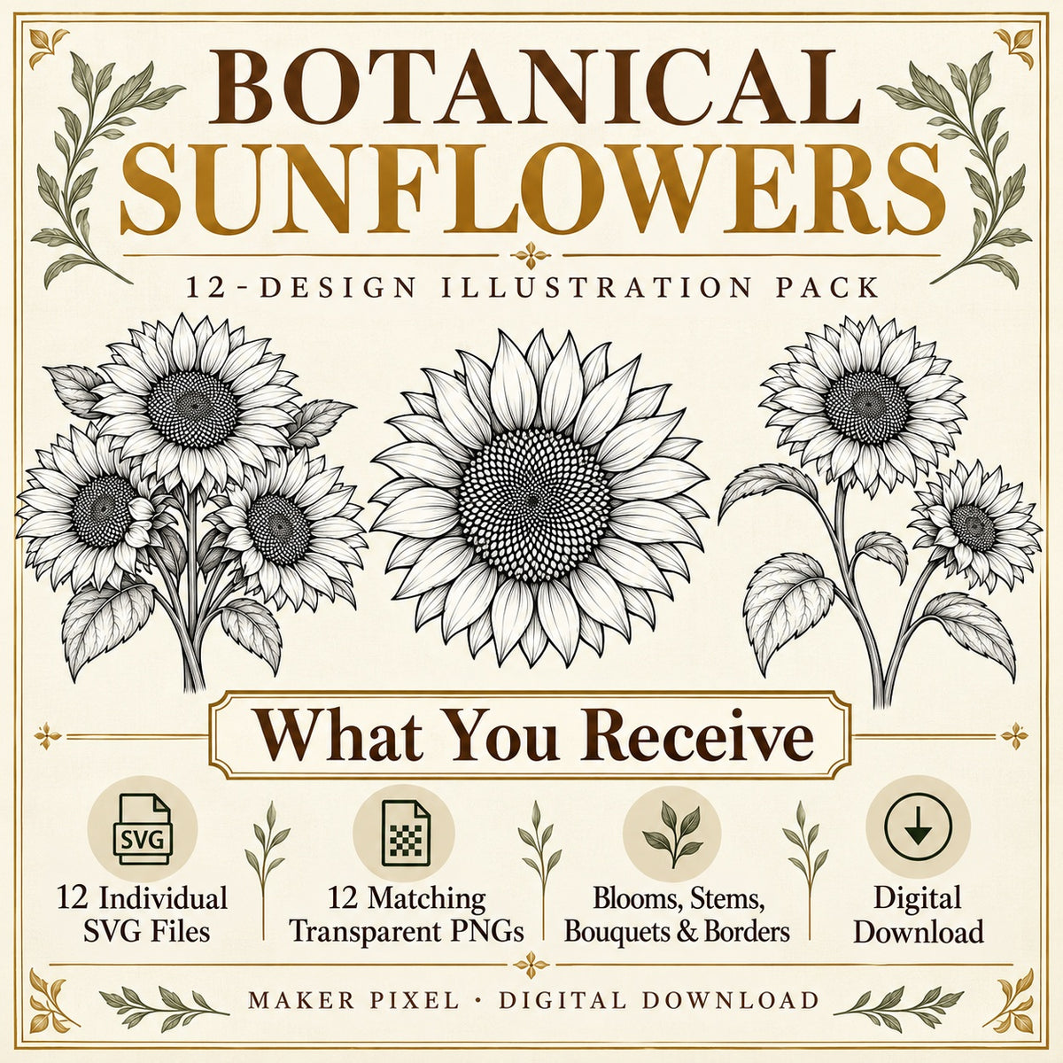 Botanical Sunflowers SVG & PNG Pack – 12 Vintage Line Art Designs