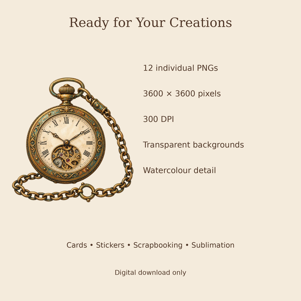 Steampunk Watercolour PNG Clipart Pack, 12 Vintage Rustic Clockwork Designs for Cards, Stickers, Scrapbooking and Sublimation