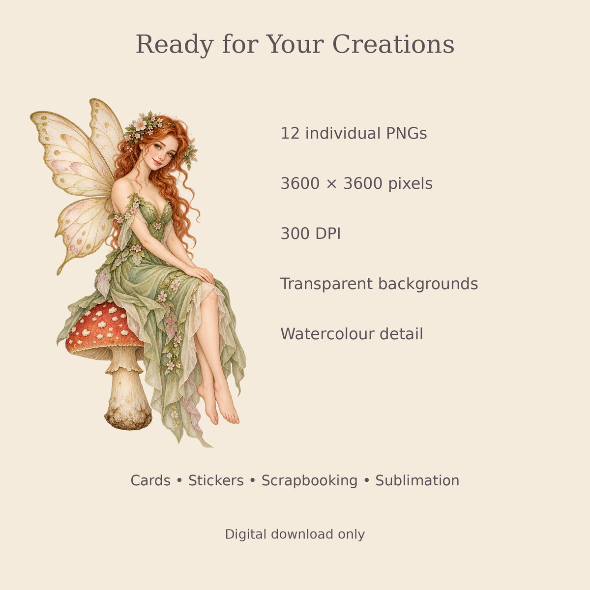 Vintage Fairy Watercolour PNG Clipart Pack, 12 Flower and Woodland Fairies for Cards, Stickers, Scrapbooking and Sublimation