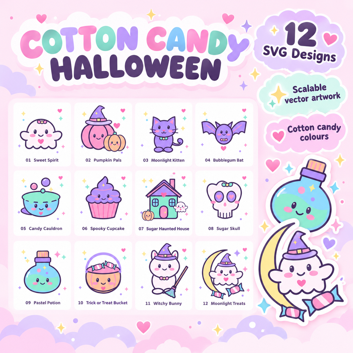 Cotton Candy Halloween SVG Pack – 12 Kawaii Pastel Designs