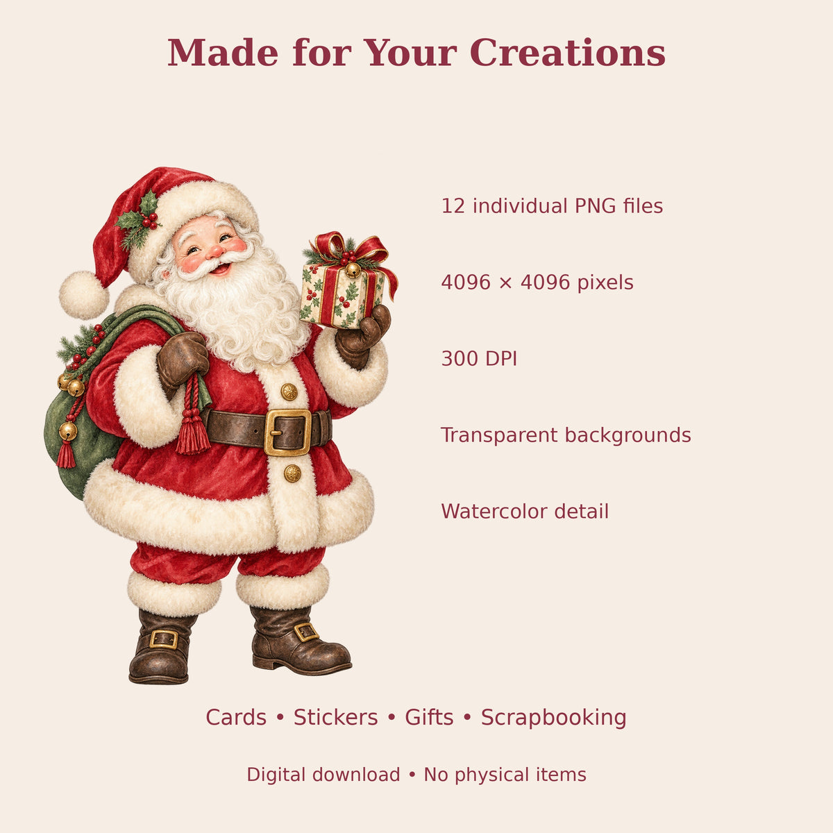 Cute Christmas Watercolor PNG Clipart, 12 Transparent Designs for Cards, Stickers, Scrapbooking and Sublimation
