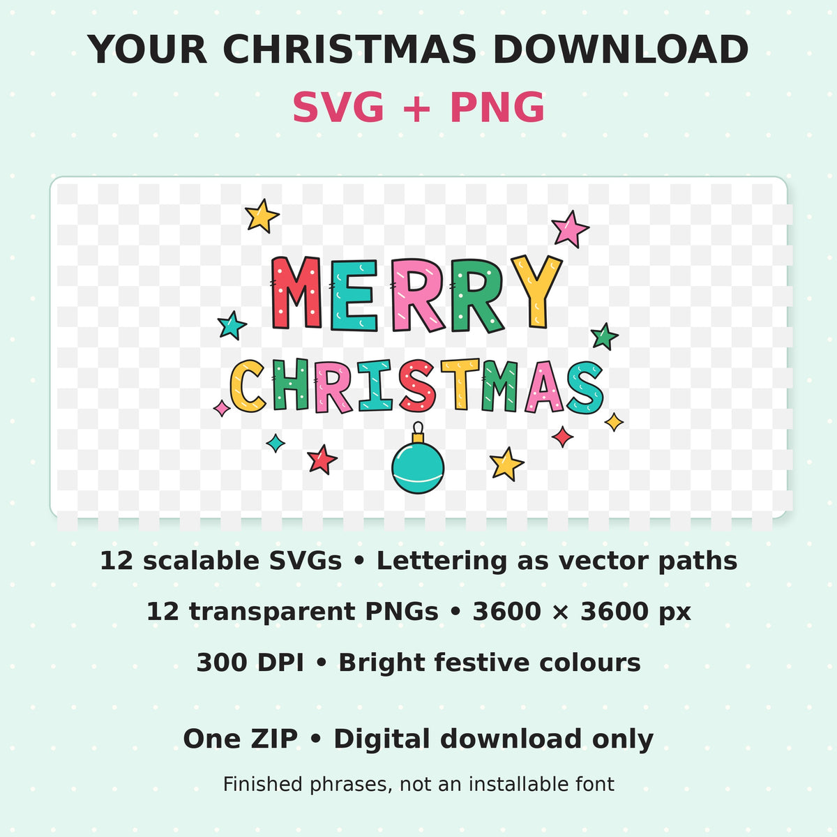 Merry Christmas Doodle SVG + PNG Pack, 12 Vibrant Lettering Designs with Stars and Festive Clipart for Sublimation and Crafts