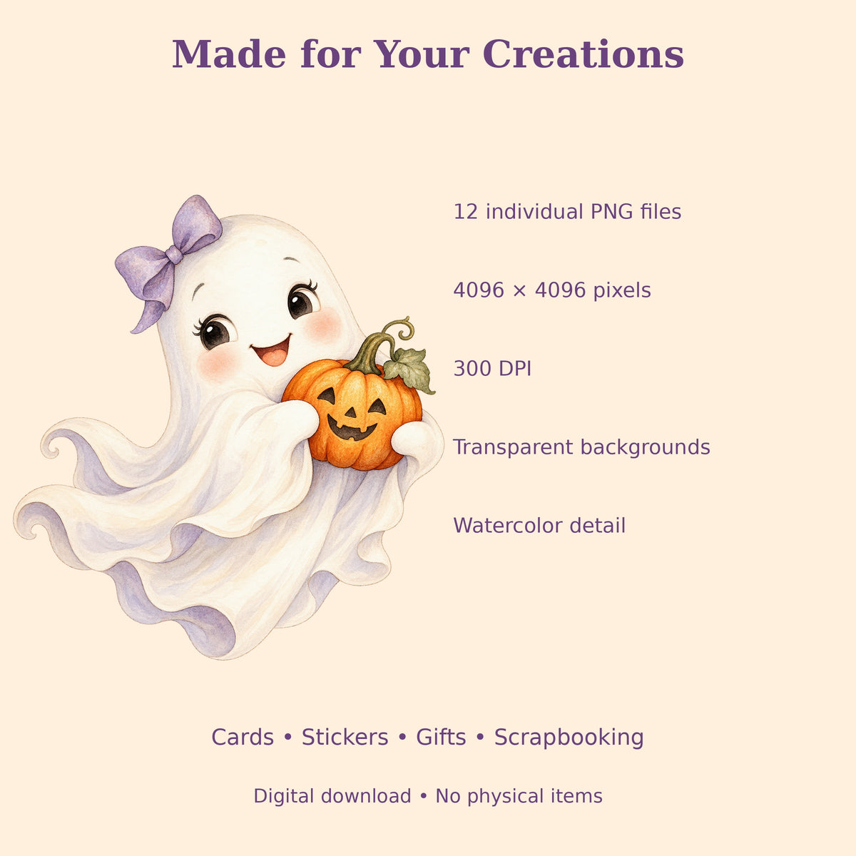Cute Halloween Watercolor PNG Clipart, 12 Transparent Designs for Cards, Stickers, Scrapbooking and Sublimation