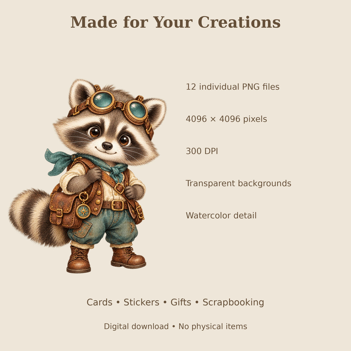 Cute Steampunk Watercolor PNG Clipart, 12 Transparent Designs for Cards, Stickers, Scrapbooking and Sublimation