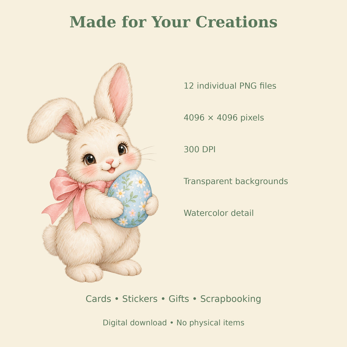 Cute Easter Watercolor PNG Clipart, 12 Transparent Designs for Cards, Stickers, Scrapbooking and Sublimation