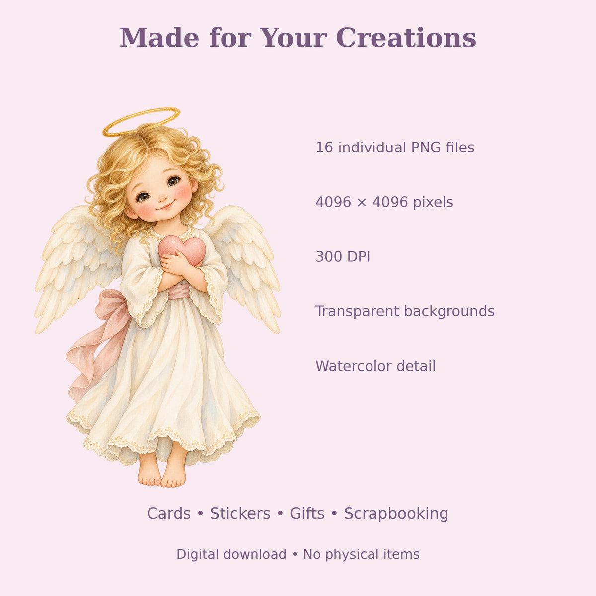Cute Angel Watercolor PNG Clipart, 16 Transparent Designs for Cards, Stickers, Scrapbooking and Sublimation