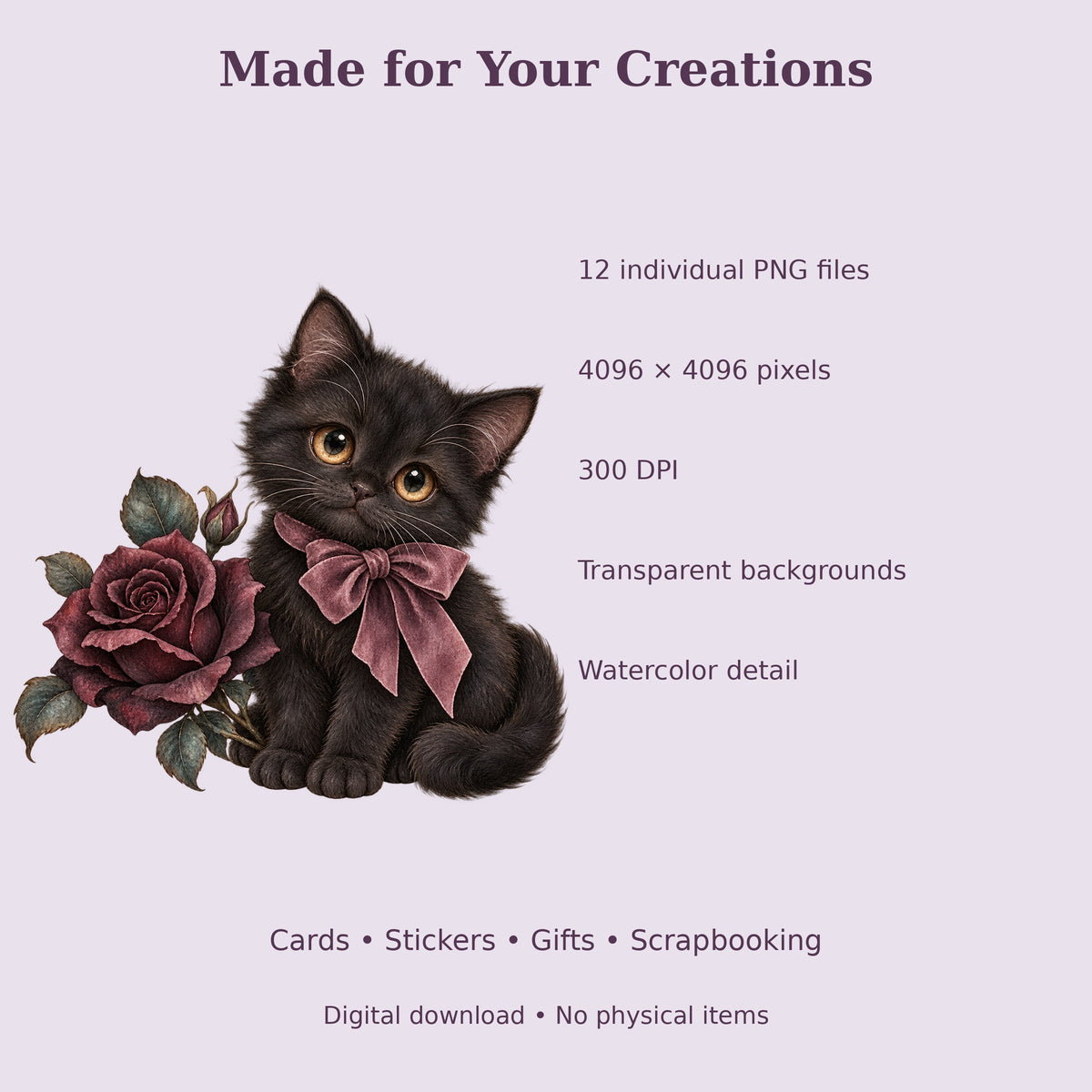 Cute Gothic Watercolor PNG Clipart, 12 Transparent Designs for Cards, Stickers, Scrapbooking and Sublimation