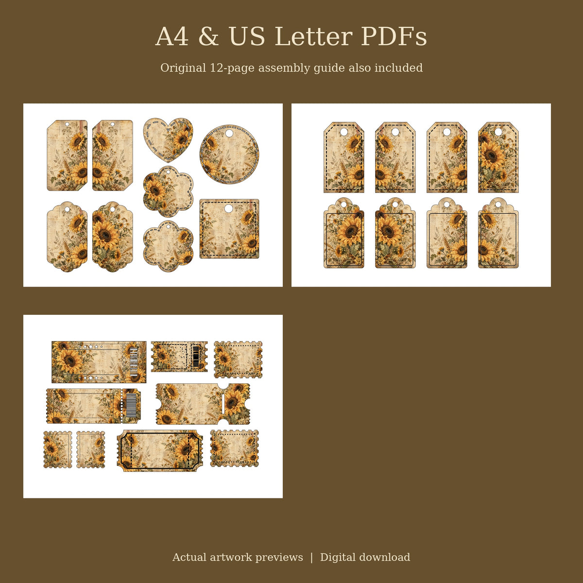 Rustic Sunflower & Burlap - Printable Folio Kit, 12 Sheets, A4 & US Letter PDF