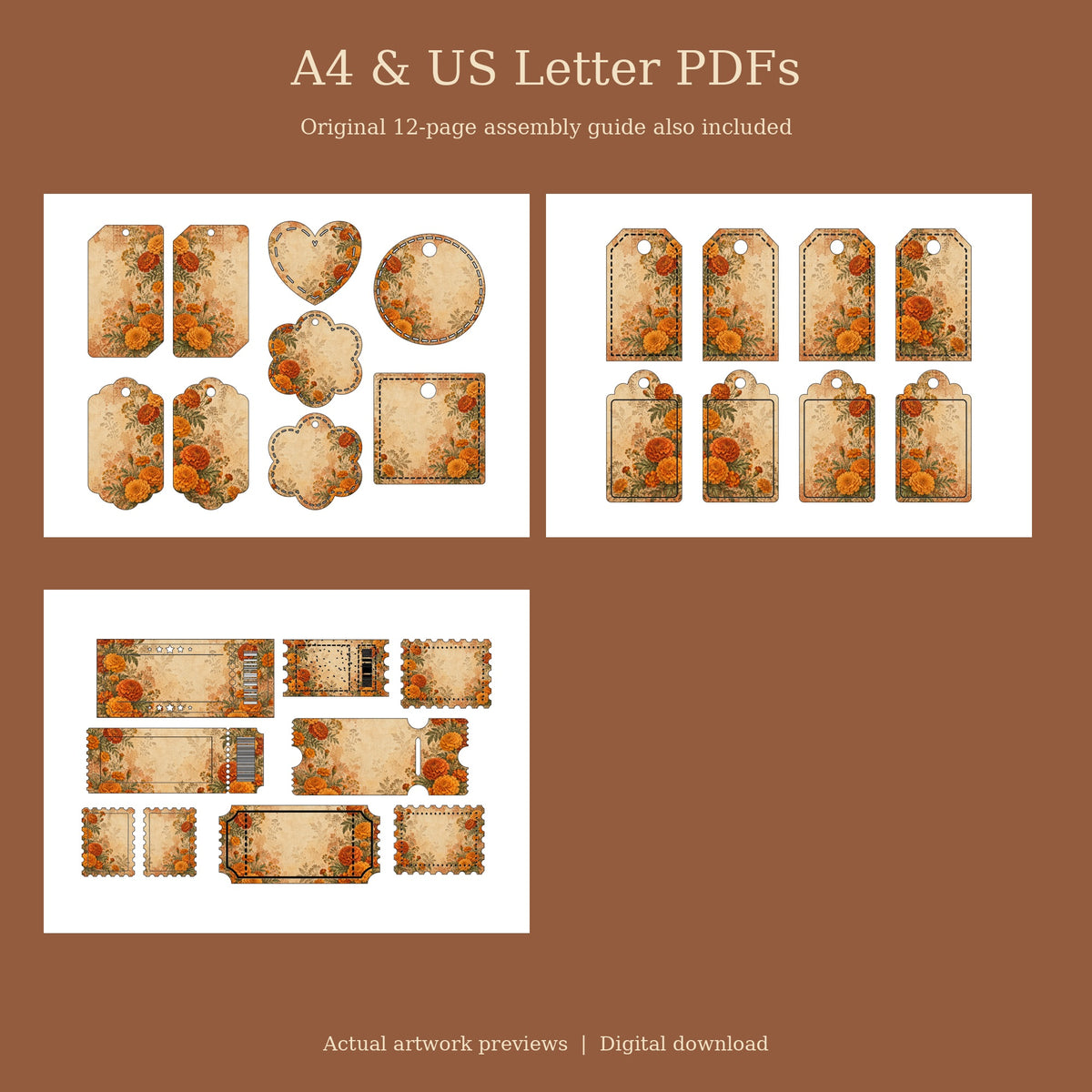 Golden Marigold & Terracotta - Printable Folio Kit, 12 Sheets, A4 & US Letter PDF